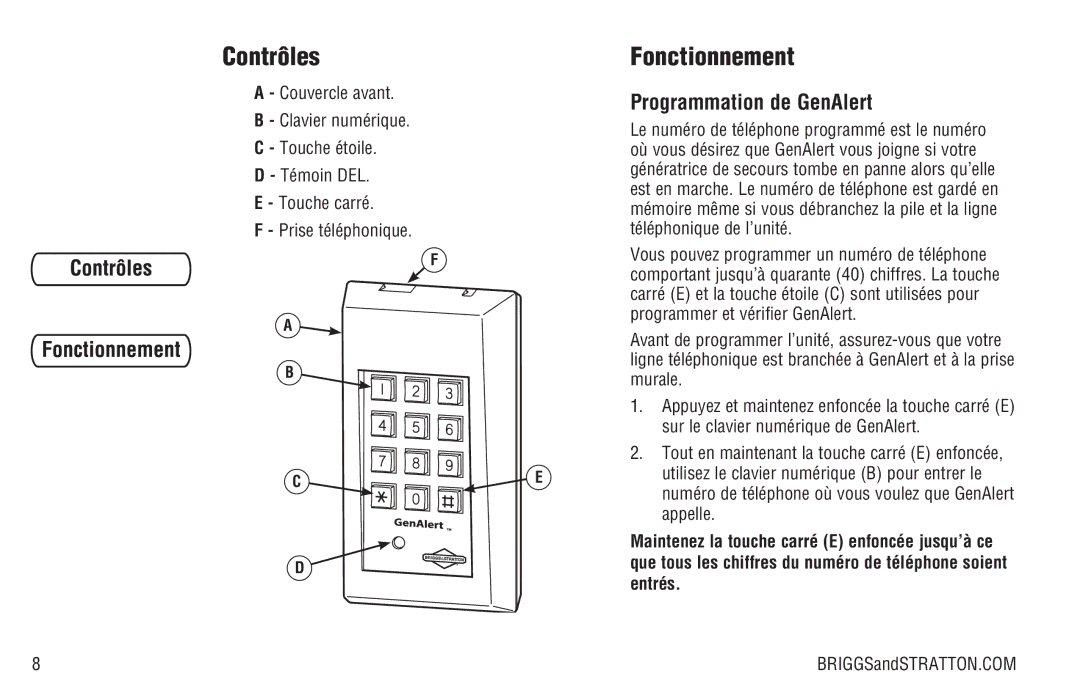 Briggs & Stratton Model 040205-0 manual Contrôles Fonctionnement, Programmation de GenAlert, Entrés 