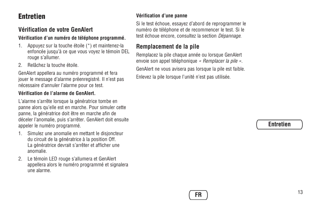 Briggs & Stratton Model 040205-0 manual Entretien, Vérification de votre GenAlert, Remplacement de la pile 