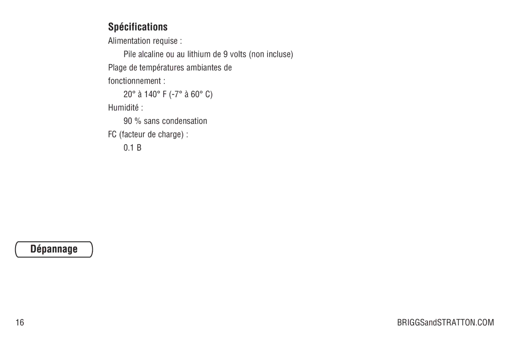 Briggs & Stratton Model 040205-0 manual Spécifications 