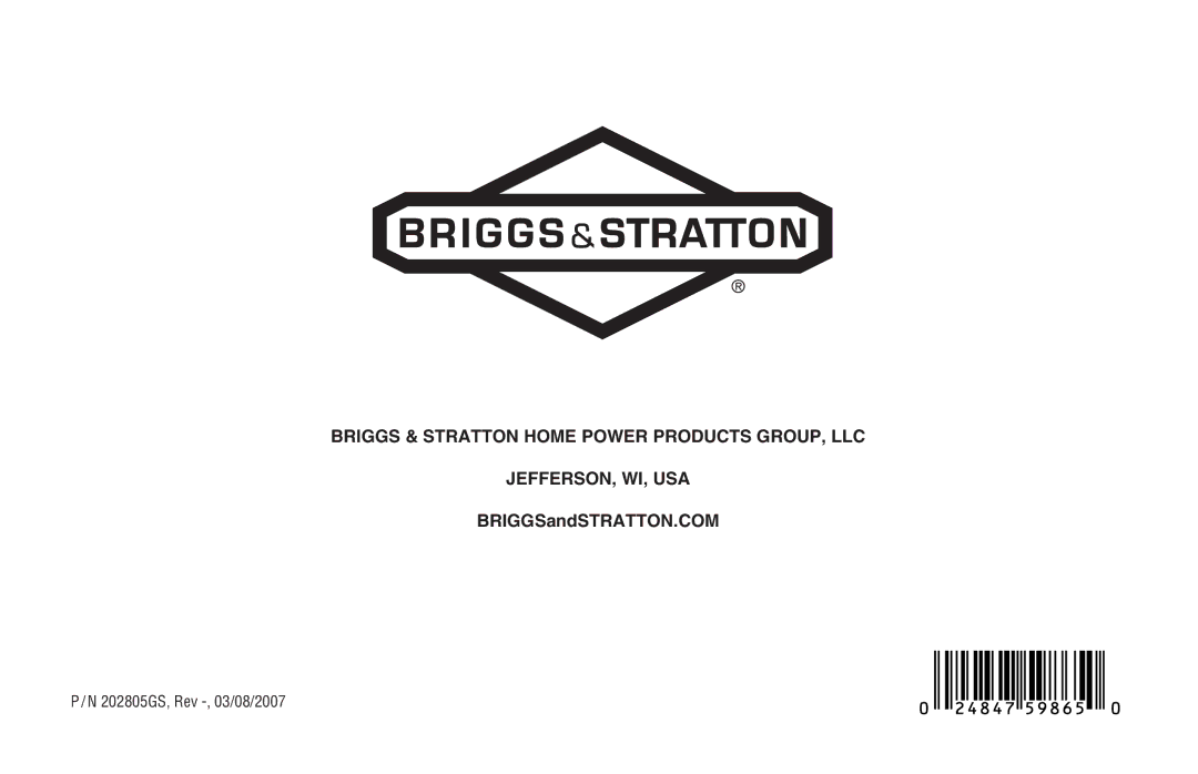 Briggs & Stratton Model 040205-0 manual BRIGGSandSTRATTON.COM 