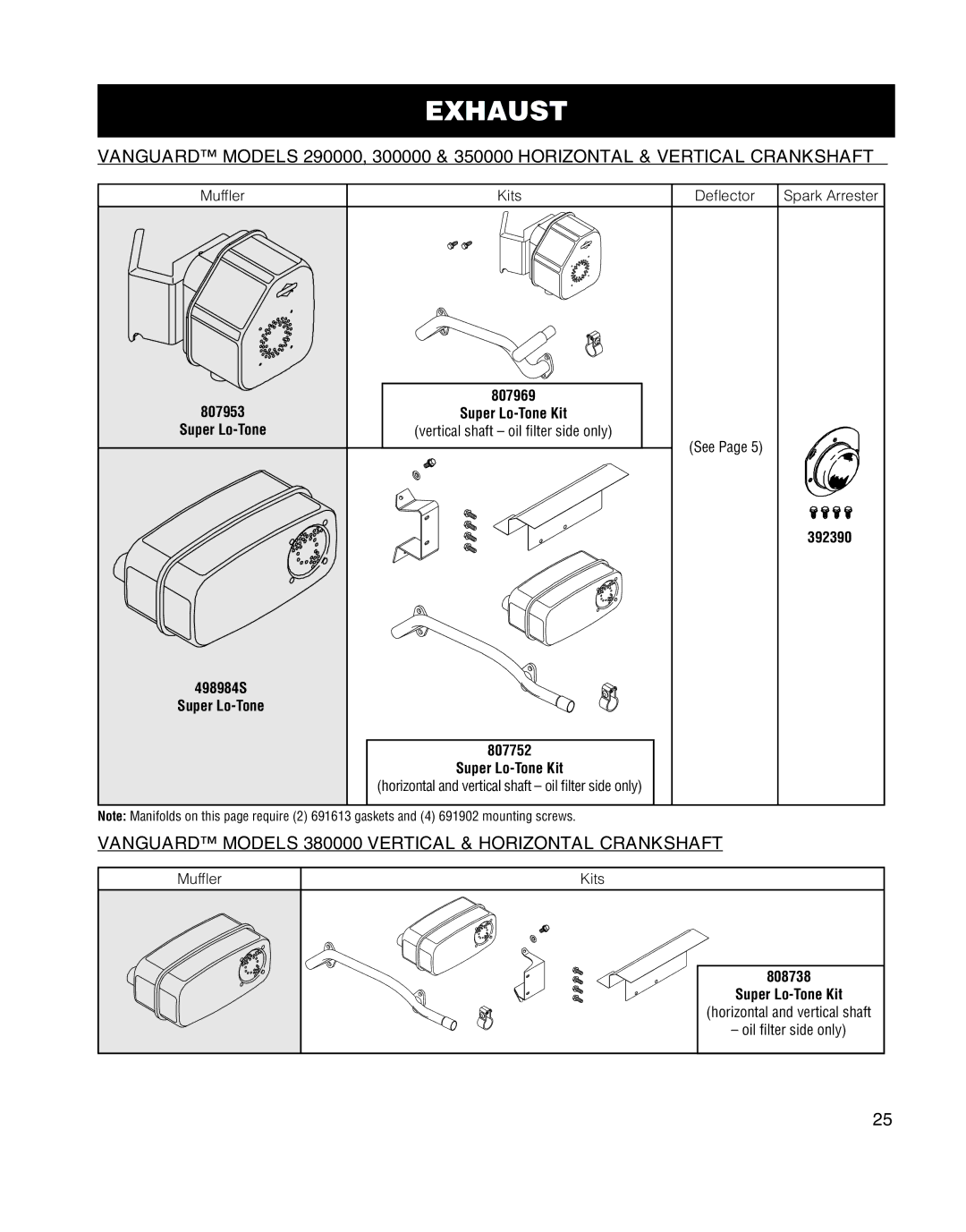 Briggs & Stratton CE-3049, MS-8746, 272147 manual Vanguard Models 380000 Vertical & Horizontal Crankshaft, Super Lo-Tone Kit 