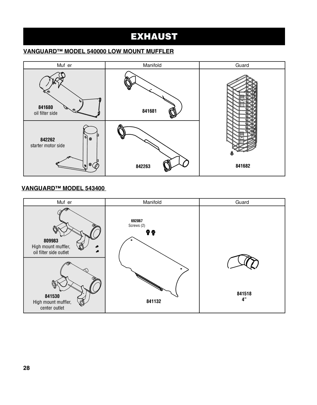 Briggs & Stratton 271172, MS-8746, 272147, CE-8069, 247041, CE-3086, CE-3049, 275072 Vanguard Model 540000 LOW Mount Muffler 