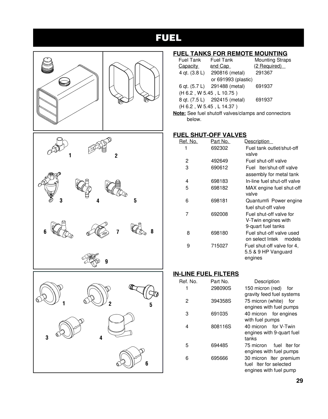 Briggs & Stratton CE-3048, MS-8746, 272147 Fuel Tanks for Remote Mounting, Fuel SHUT-OFF Valves, IN-LINE Fuel Filters 