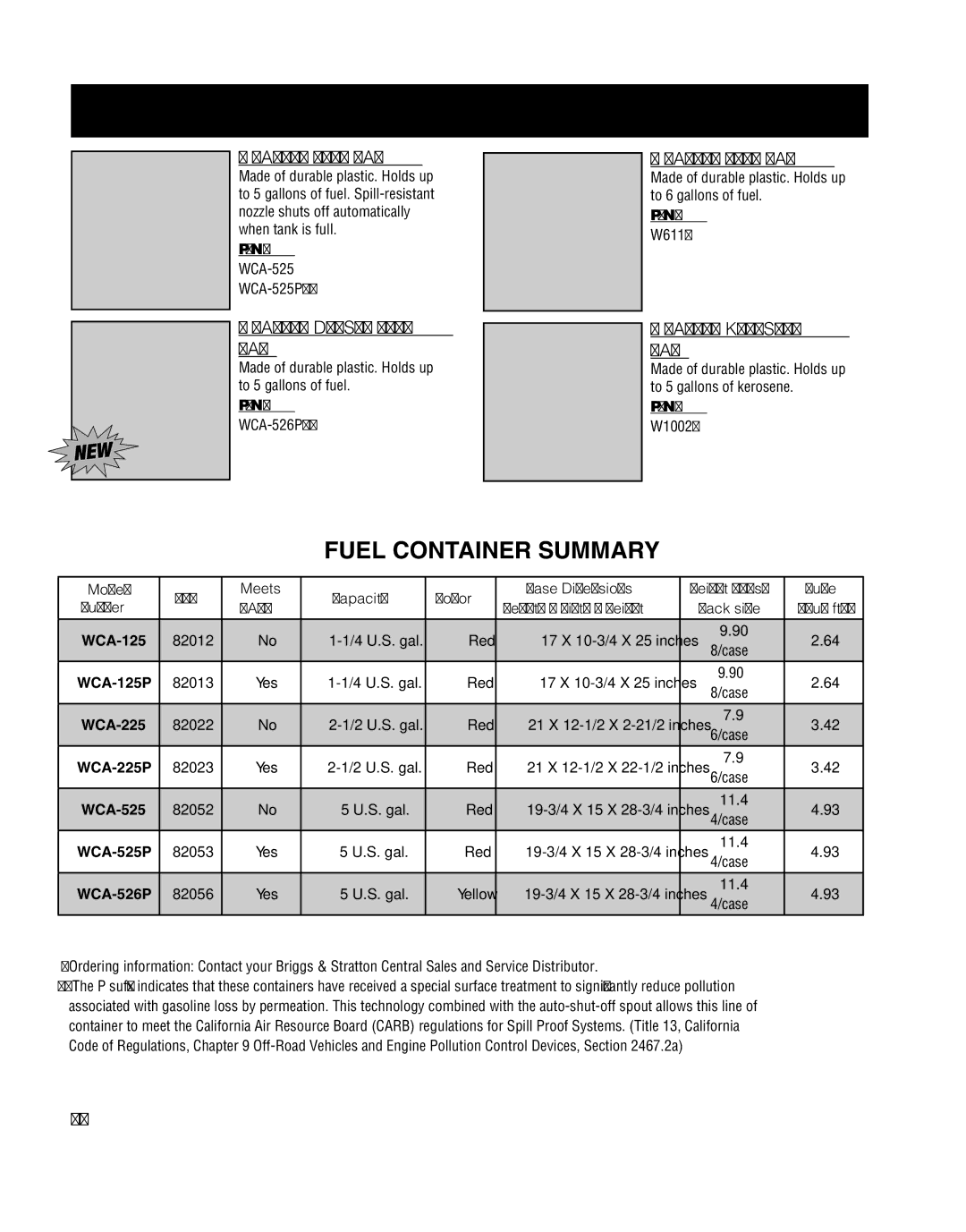 Briggs & Stratton MS-8746, 272147, CE-8069, 247041, CE-3086 manual Gallon Fuel can, Gallon Diesel Fuel Can, Gallon Kerosene Can 