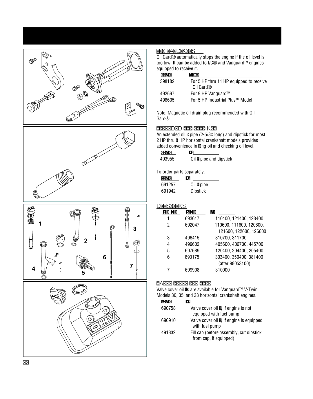 Briggs & Stratton CE-8069, MS-8746, 272147, 247041 OIL Gard Kits, Extended OIL Fill KIT, Dipsticks, Valve Cover OIL Fill 