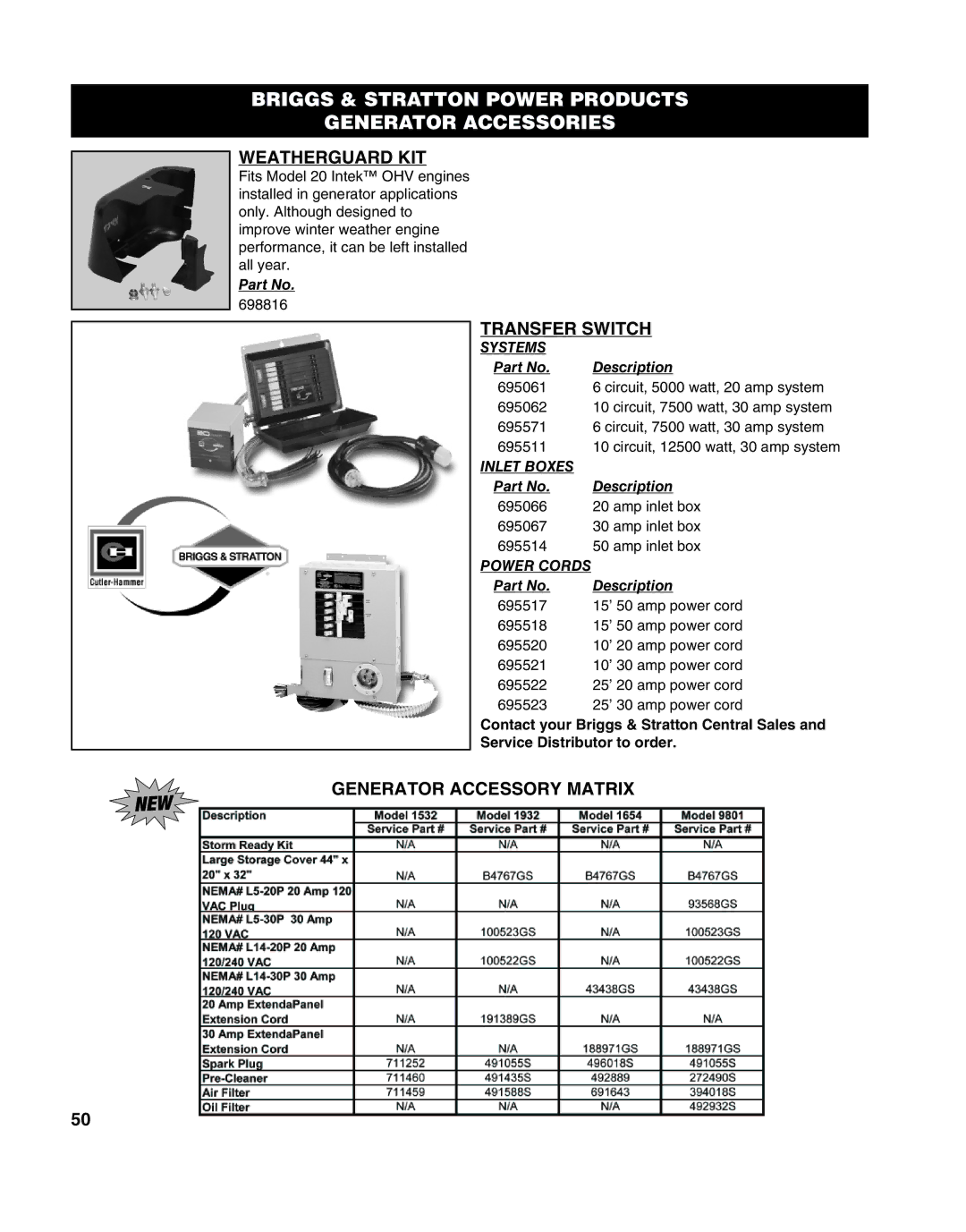 Briggs & Stratton 275072, MS-8746, 272147, CE-8069, 247041 manual Weatherguard KIT, Transfer Switch, Generator Accessory Matrix 