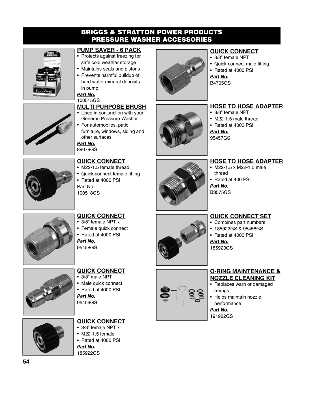 Briggs & Stratton 270962, MS-8746 manual Pump Saver 6 Pack, Multi Purpose Brush, Hose to Hose Adapter, Quick Connect SET 