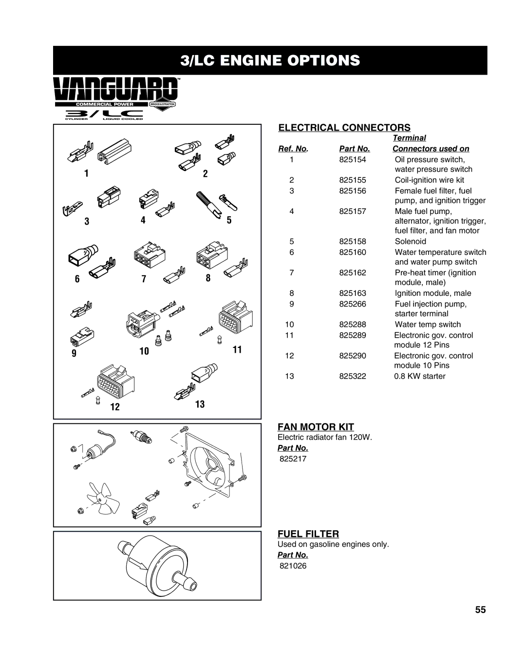 Briggs & Stratton 272144, MS-8746, 272147, CE-8069 manual LC Engine Options, Electrical Connectors, FAN Motor KIT, Fuel Filter 