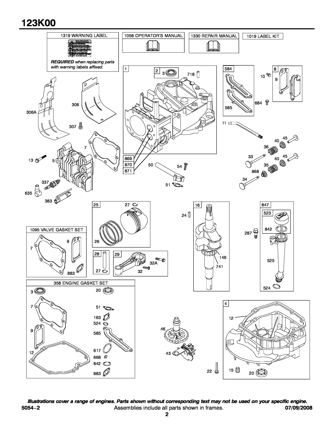 Briggs & Stratton 123K00 0236 5054−2, Assemblies include all parts shown in frames, 07/09/2008, Warning Label, Label Kit 