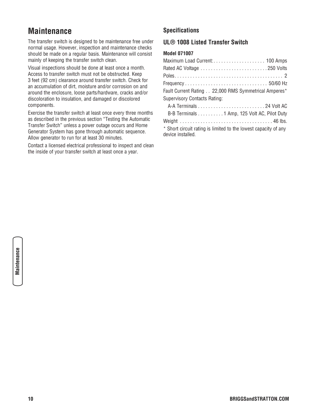 Briggs & Stratton NEMA 3R manual Maintenance, Specifications UL 1008 Listed Transfer Switch, Model, Amps 