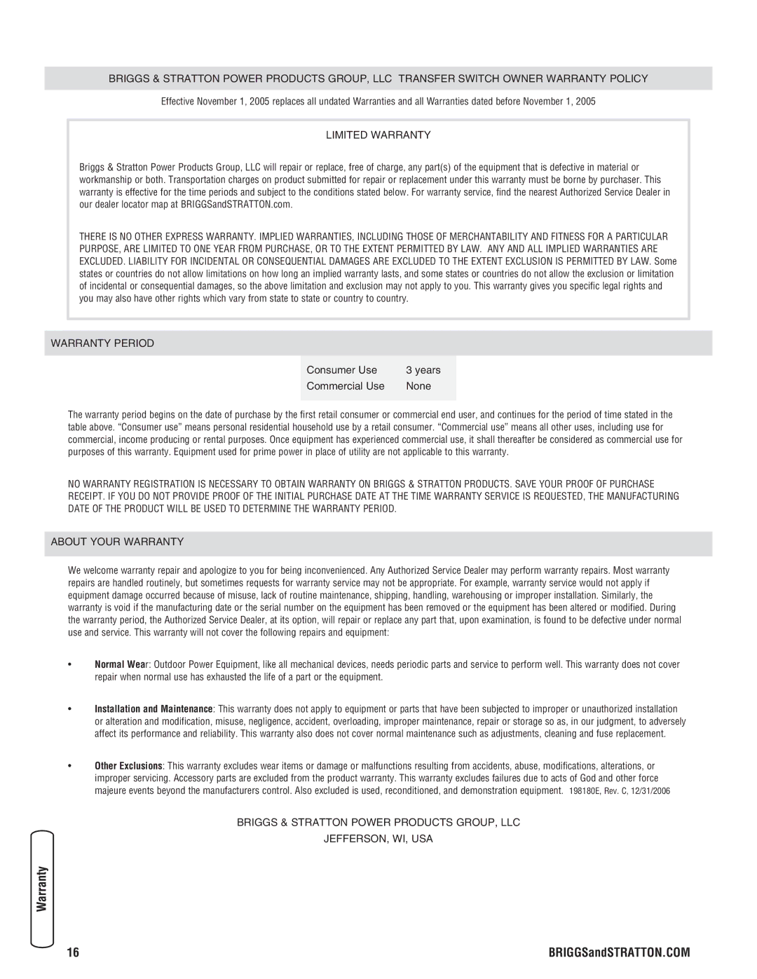 Briggs & Stratton NEMA 3R manual Warranty 