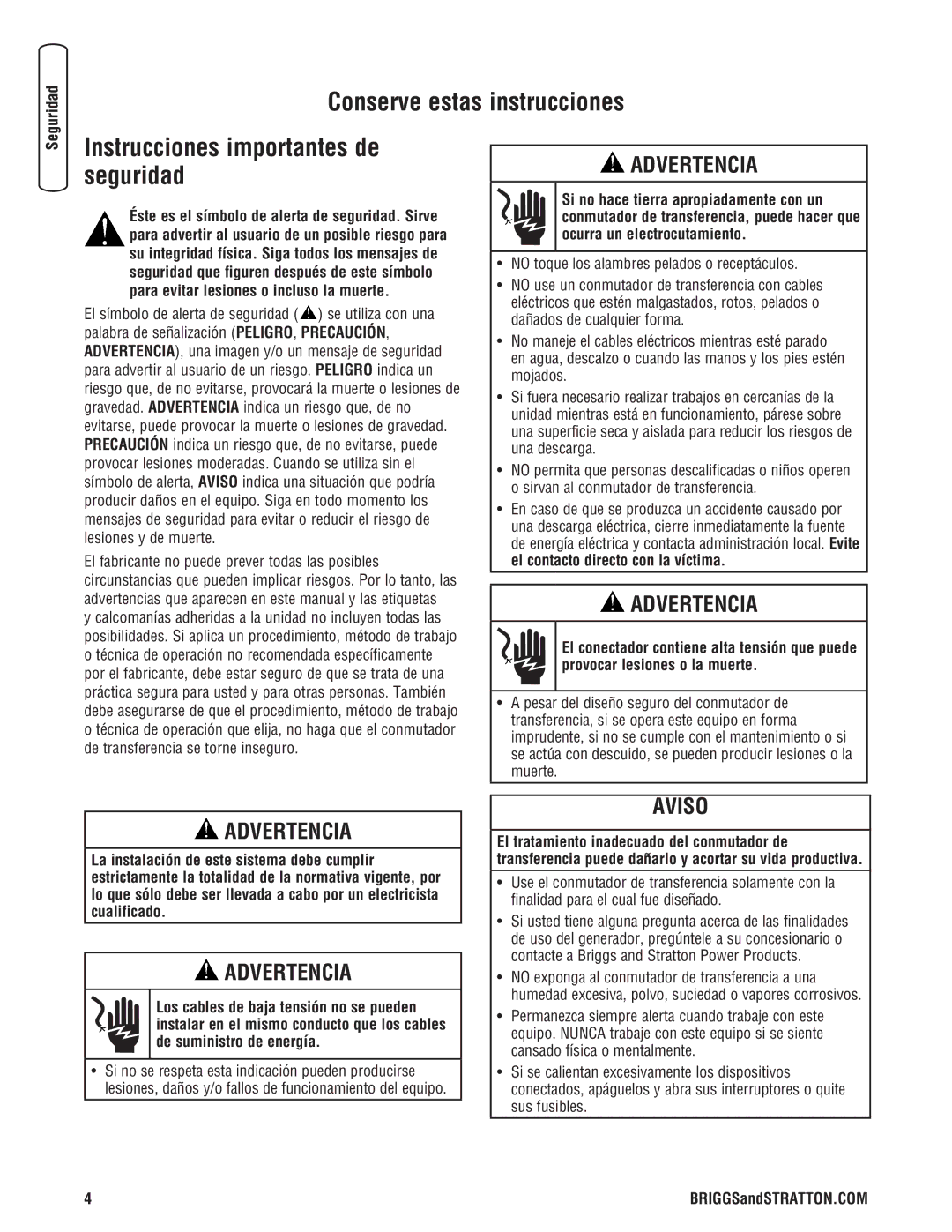 Briggs & Stratton NEMA 3R manual Conserve estas instrucciones, Instrucciones importantes de seguridad 