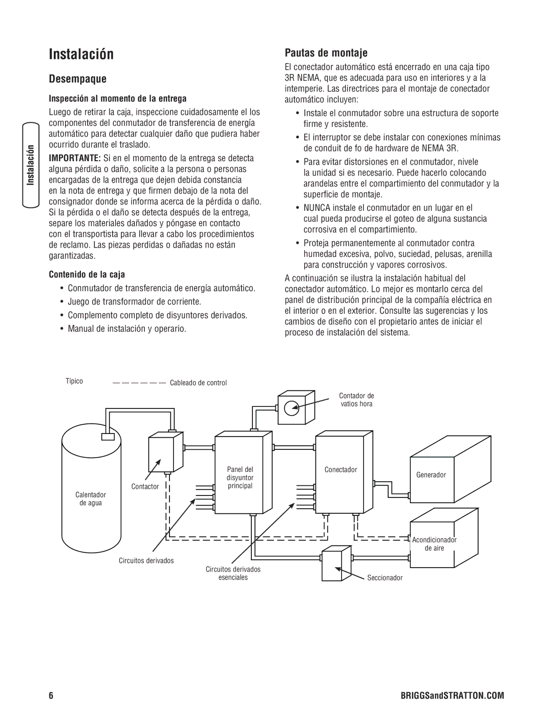 Briggs & Stratton NEMA 3R manual Instalación, Desempaque, Pautas de montaje, Inspección al momento de la entrega 