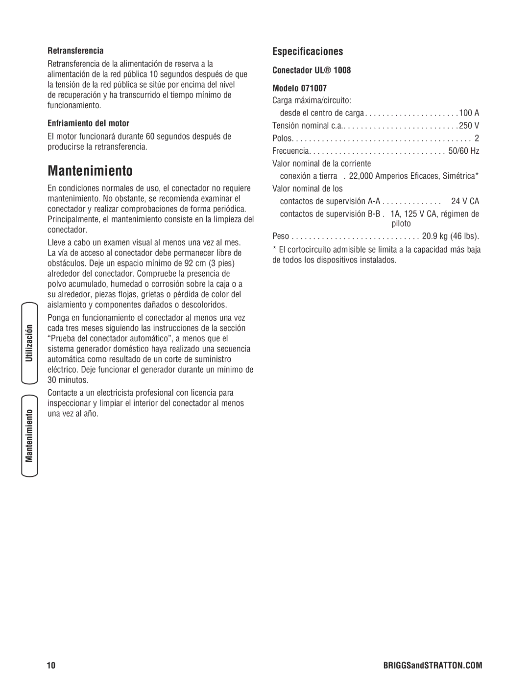 Briggs & Stratton NEMA 3R Mantenimiento, Especificaciones, Retransferencia, Enfriamiento del motor, Conectador UL Modelo 