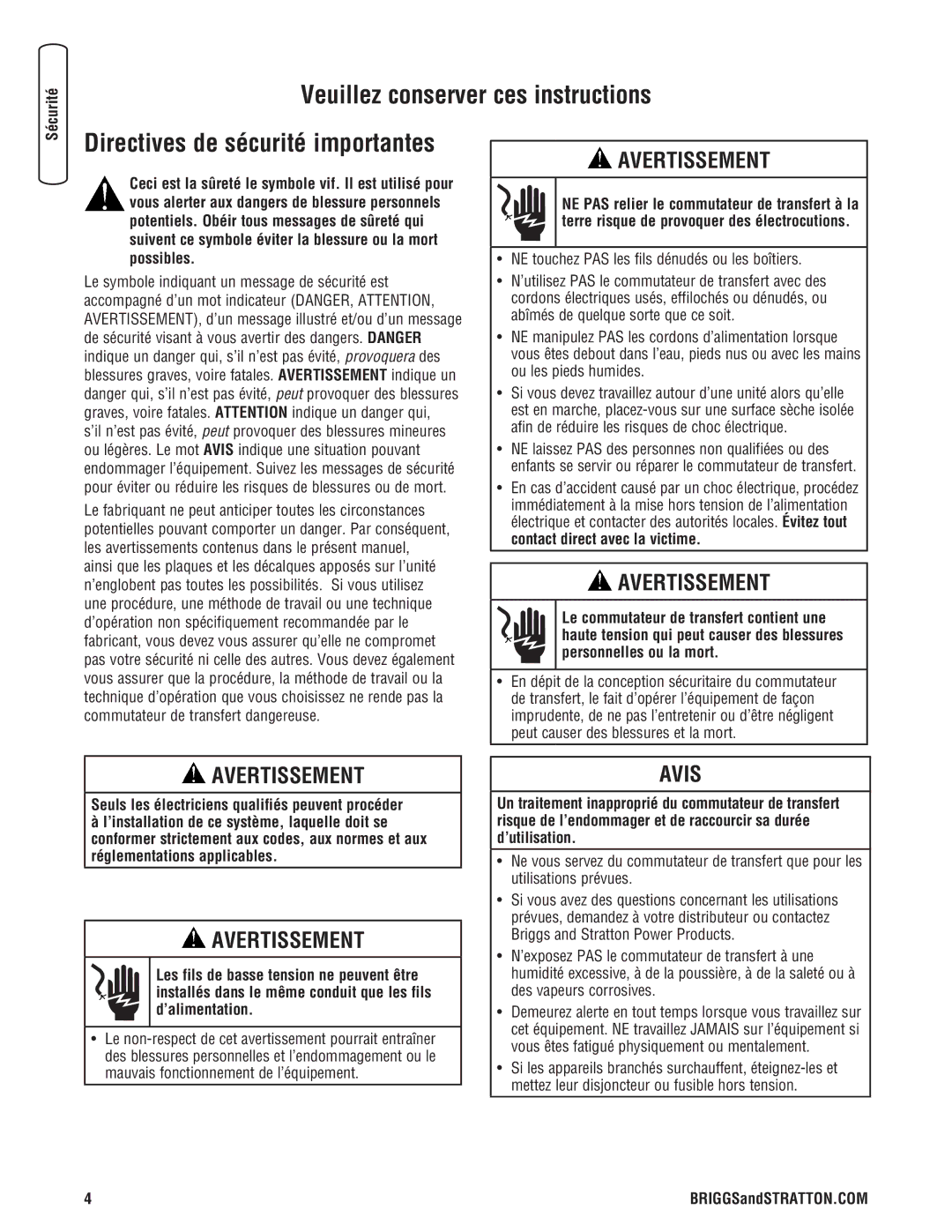 Briggs & Stratton NEMA 3R manual Veuillez conserver ces instructions, Directives de sécurité importantes, Sécurité 