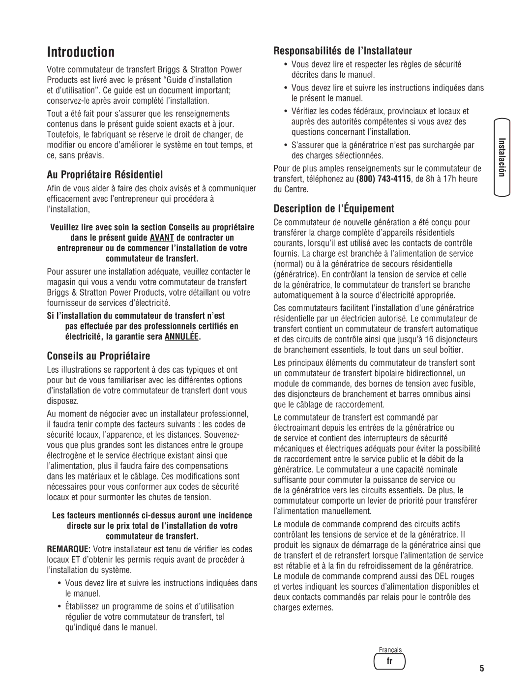 Briggs & Stratton NEMA 3R manual Au Propriétaire Résidentiel, Conseils au Propriétaire, Responsabilités de l’Installateur 