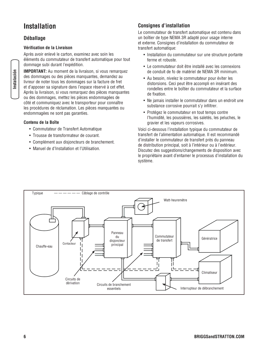 Briggs & Stratton NEMA 3R manual Déballage, Consignes d’installation, Vérification de la Livraison, Commandes 