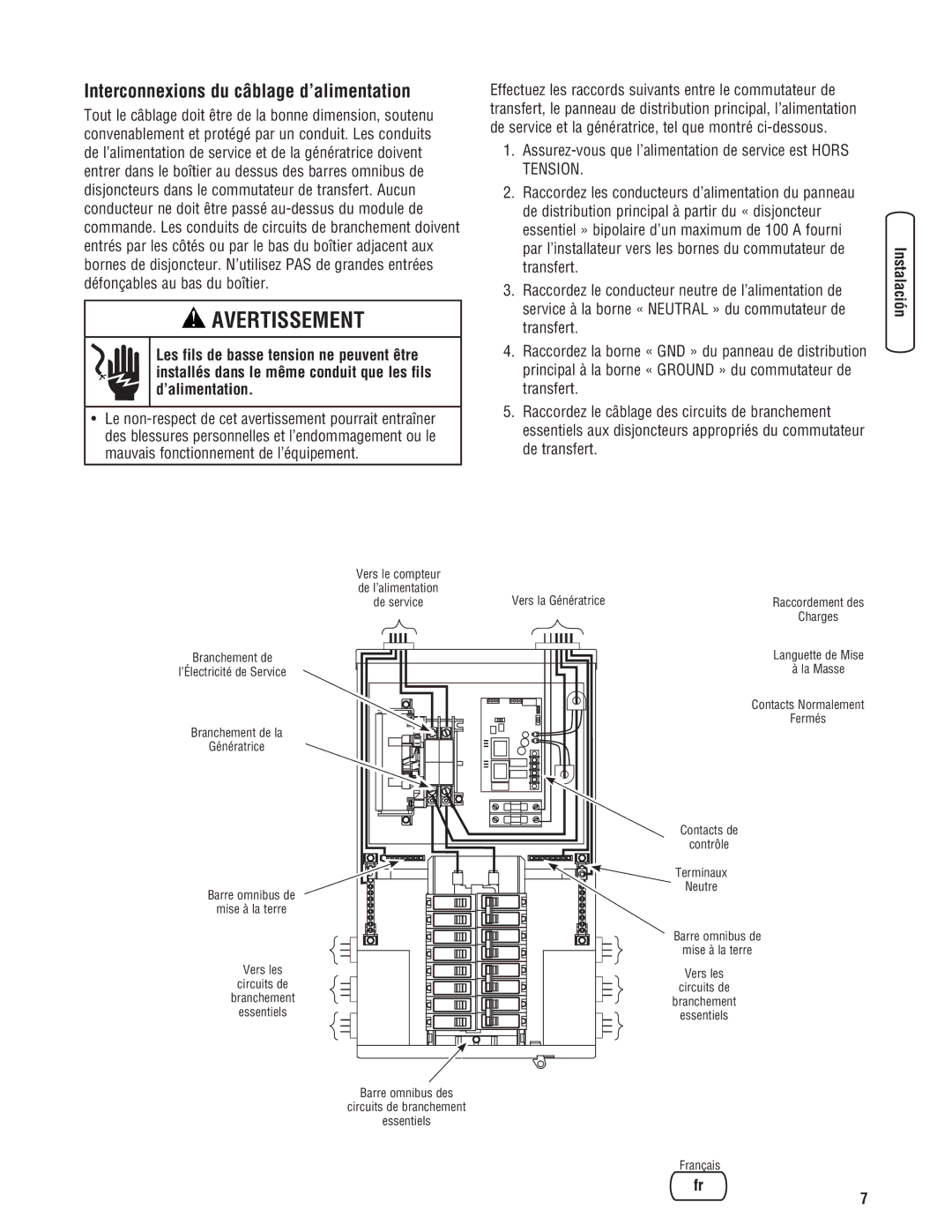 Briggs & Stratton NEMA 3R manual Interconnexions du câblage d’alimentation, Sécurité Instalación Commandes 