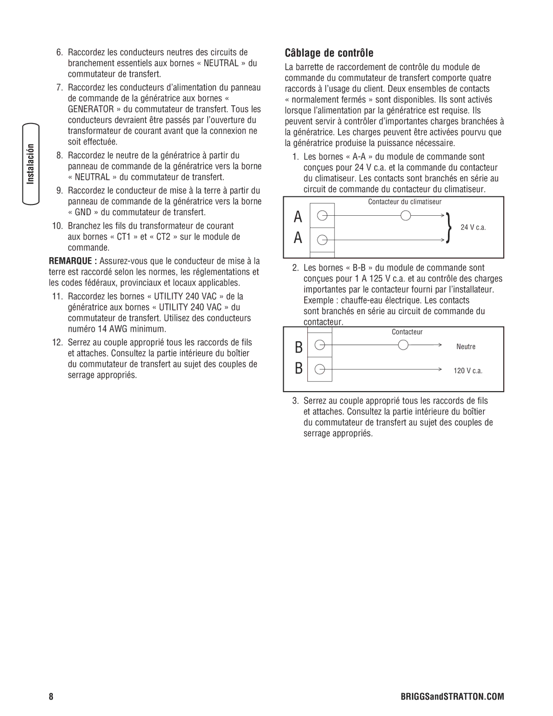 Briggs & Stratton NEMA 3R manual Câblage de contrôle, Sécurité Instalación 