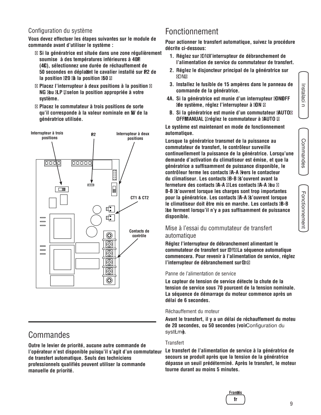 Briggs & Stratton NEMA 3R manual Commandes, Fonctionnement, Configuration du système 