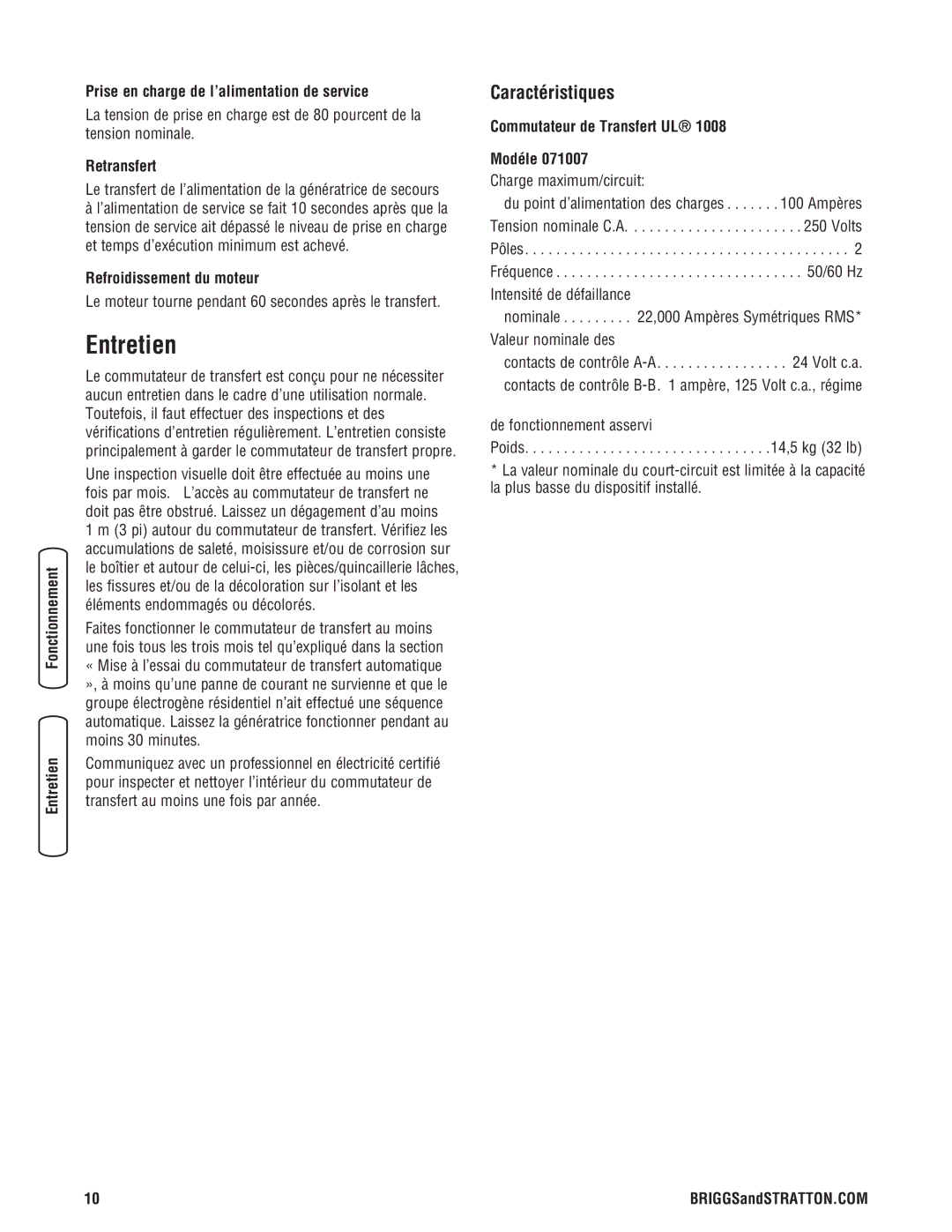 Briggs & Stratton NEMA 3R manual Entretien, Caractéristiques, Retransfert, Refroidissement du moteur 