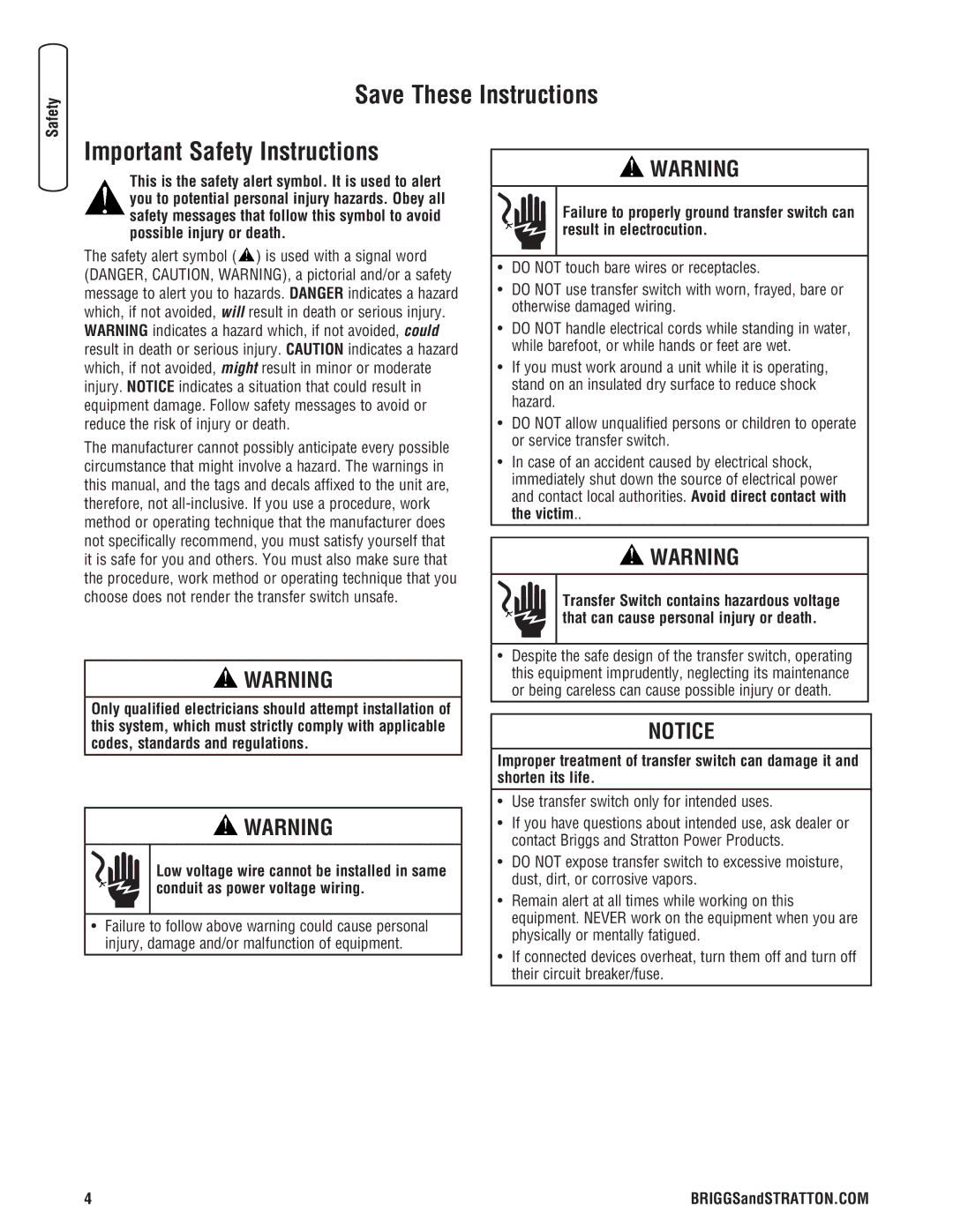 Briggs & Stratton NEMA 3R Important Safety Instructions, Use transfer switch only for intended uses, BRIGGSandSTRATTON.COM 