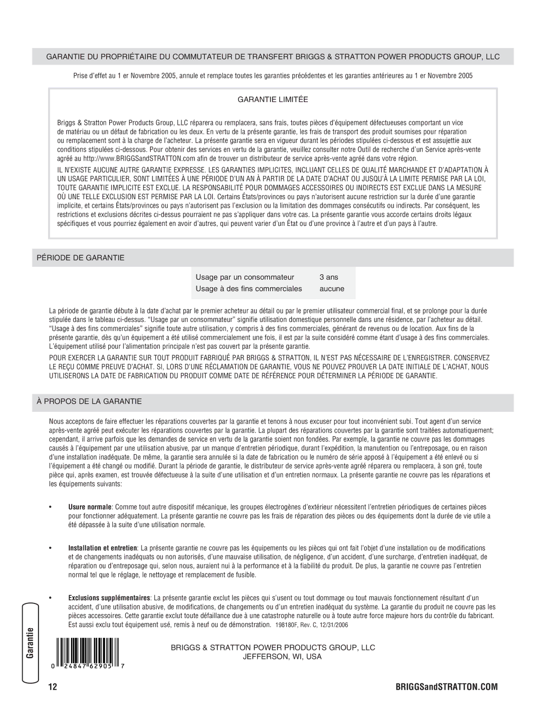 Briggs & Stratton NEMA 3R manual Fonctionnement Entretien, Dépannage Garantie 