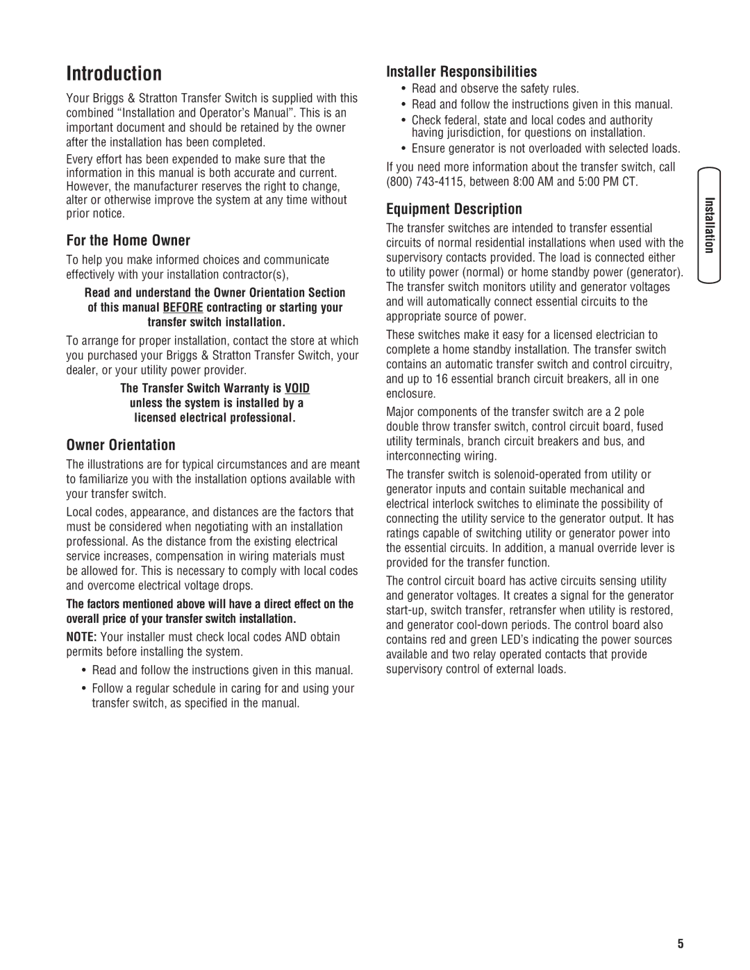 Briggs & Stratton NEMA 3R manual Introduction, For the Home Owner, Owner Orientation, Installer Responsibilities 