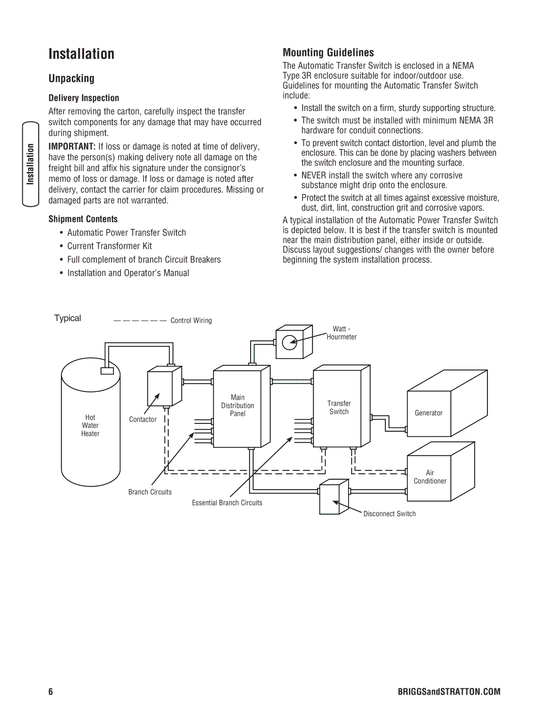 Briggs & Stratton NEMA 3R manual Installation, Unpacking, Mounting Guidelines, Delivery Inspection, Shipment Contents 