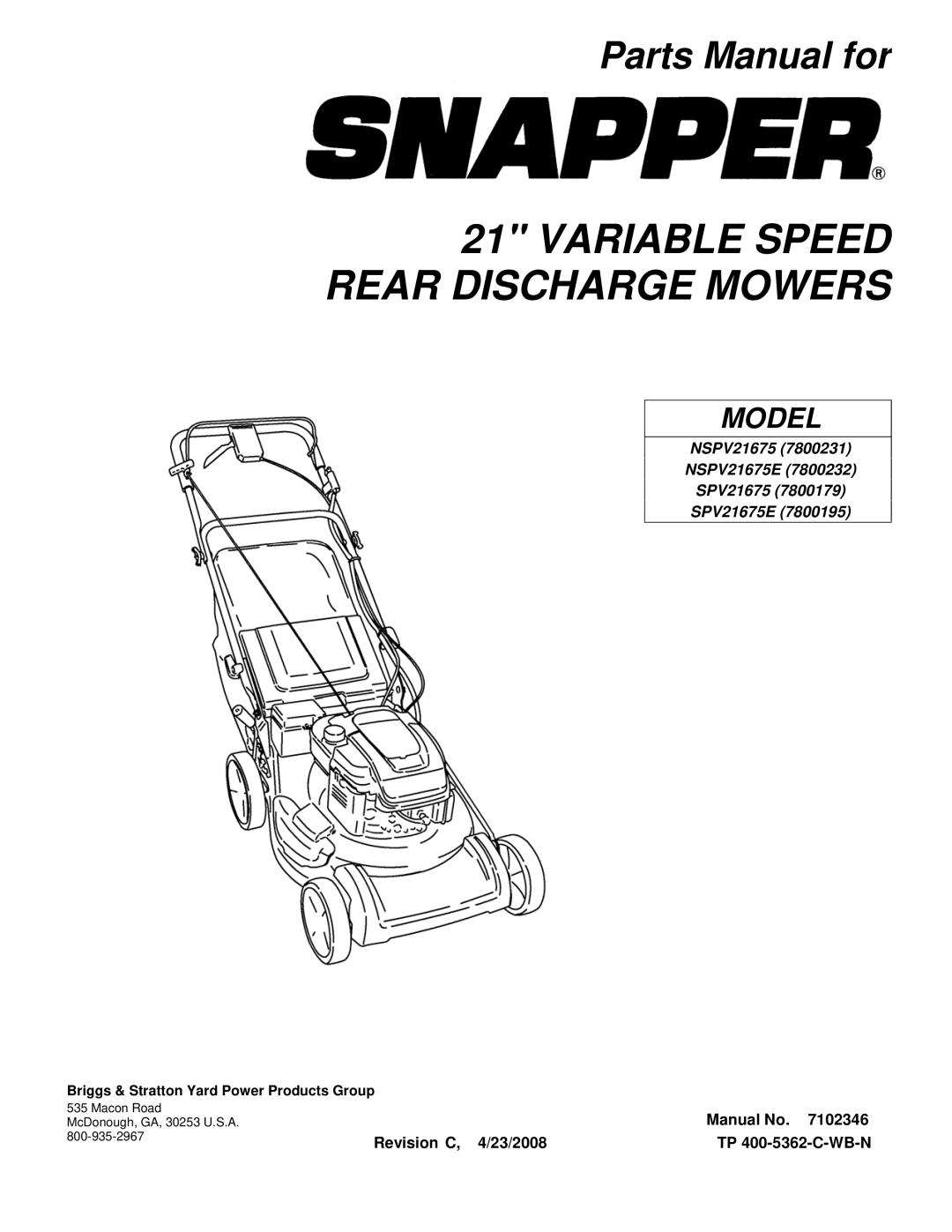 Briggs & Stratton NSPV21675E manual Variable Speed Rear Discharge Mowers 