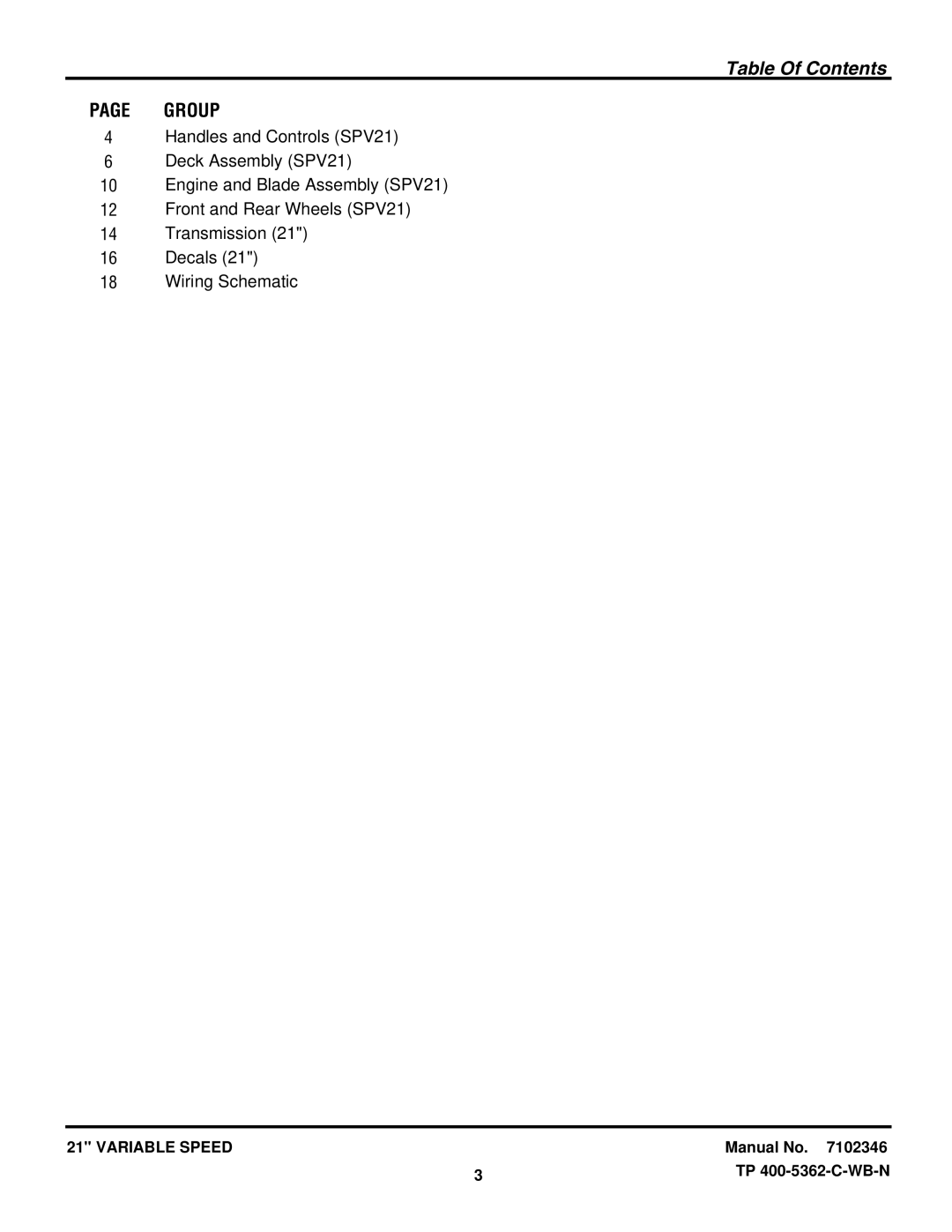 Briggs & Stratton NSPV21675E manual Table Of Contents 