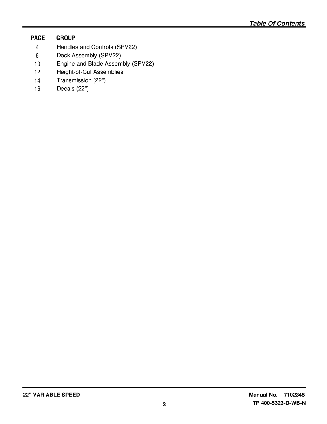 Briggs & Stratton NSPV22675HW manual Table Of Contents 