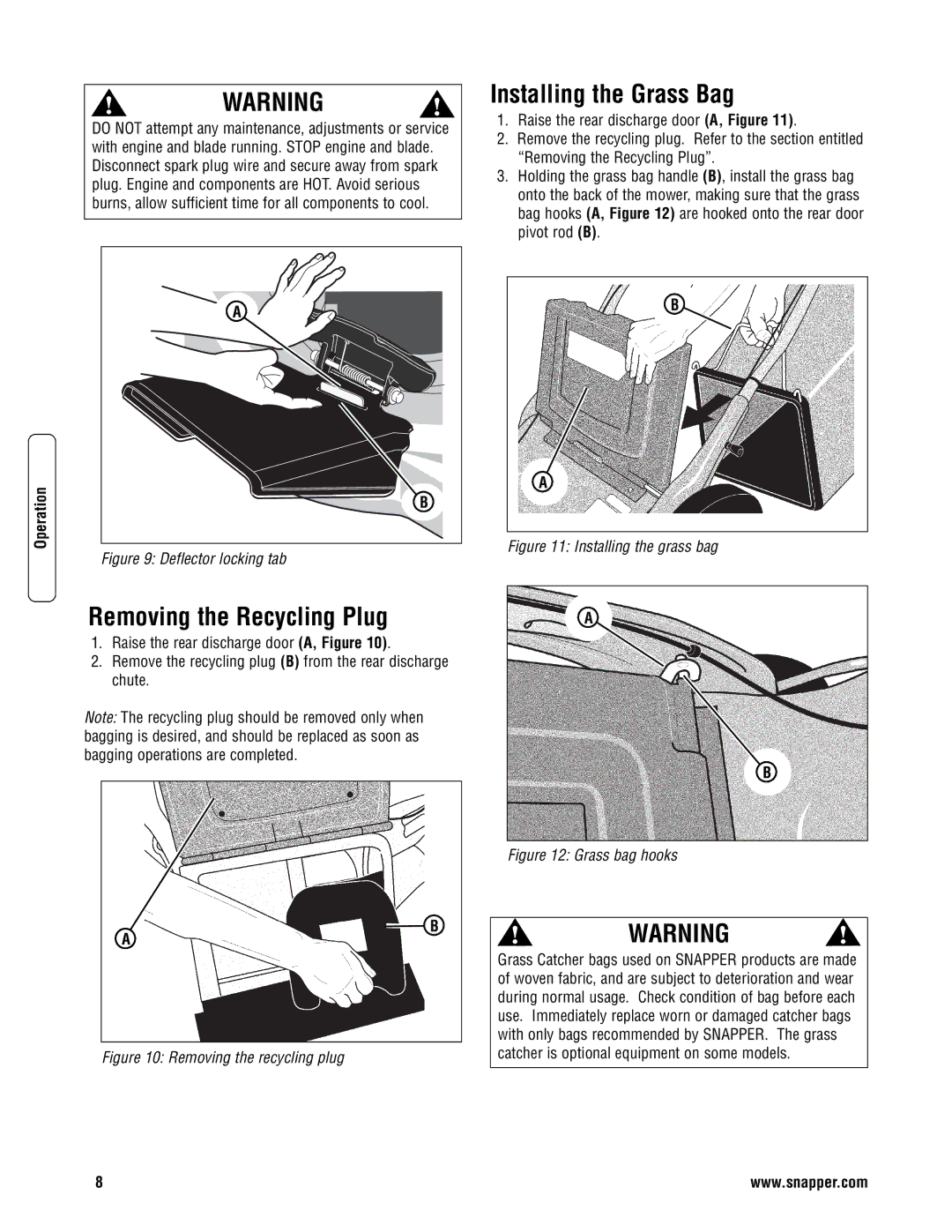 Briggs & Stratton NSPVH21675 specifications Removing the Recycling Plug, Installing the Grass Bag 