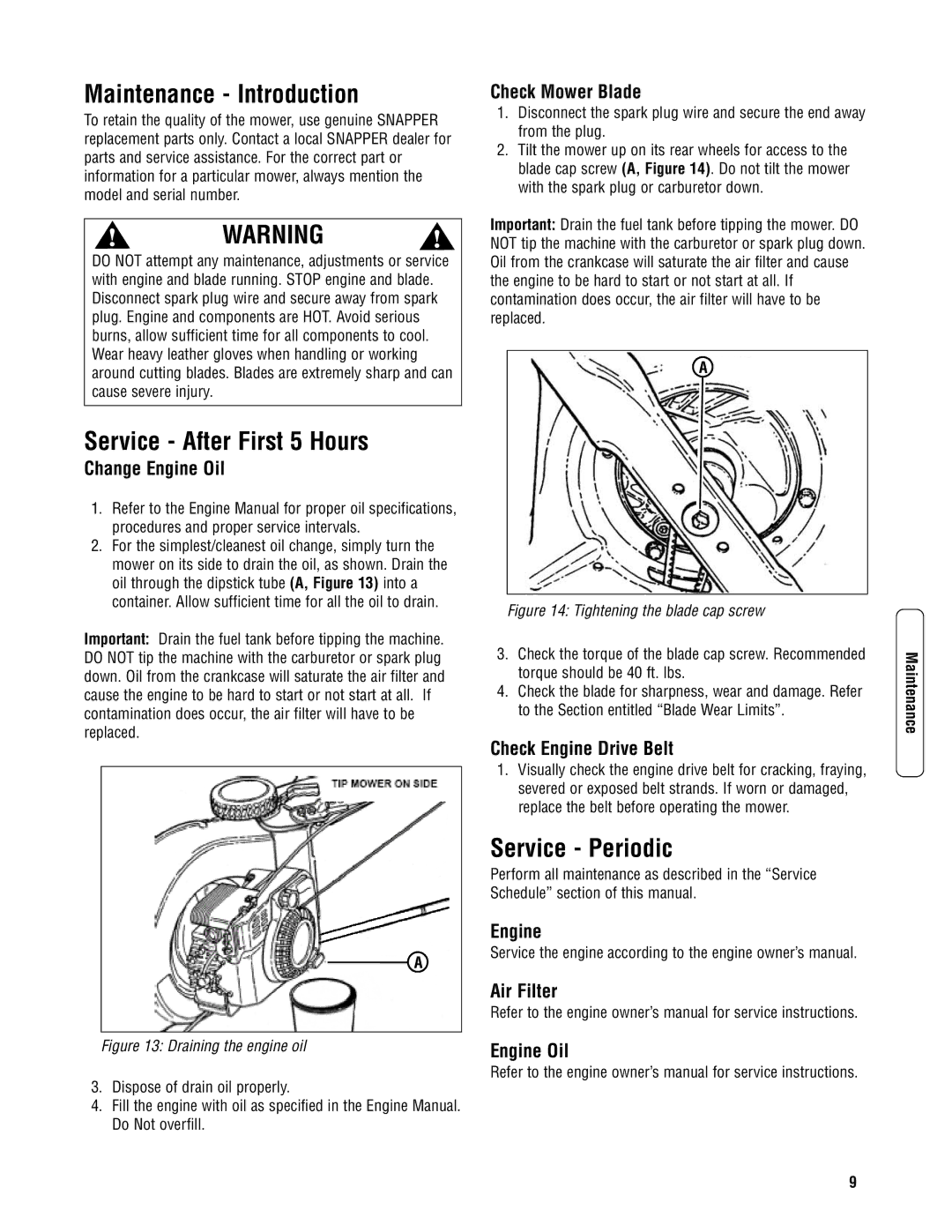 Briggs & Stratton NSPVH21675 specifications Maintenance Introduction, Service After First 5 Hours, Service Periodic 