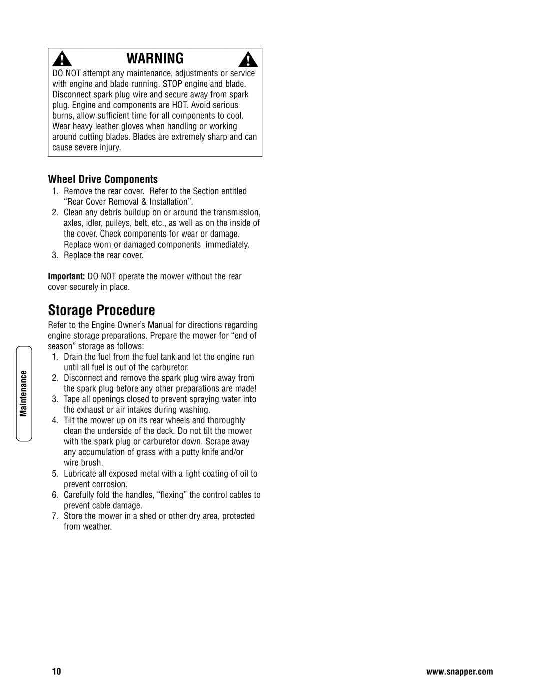 Briggs & Stratton NSPVH21675 specifications Storage Procedure, Wheel Drive Components 