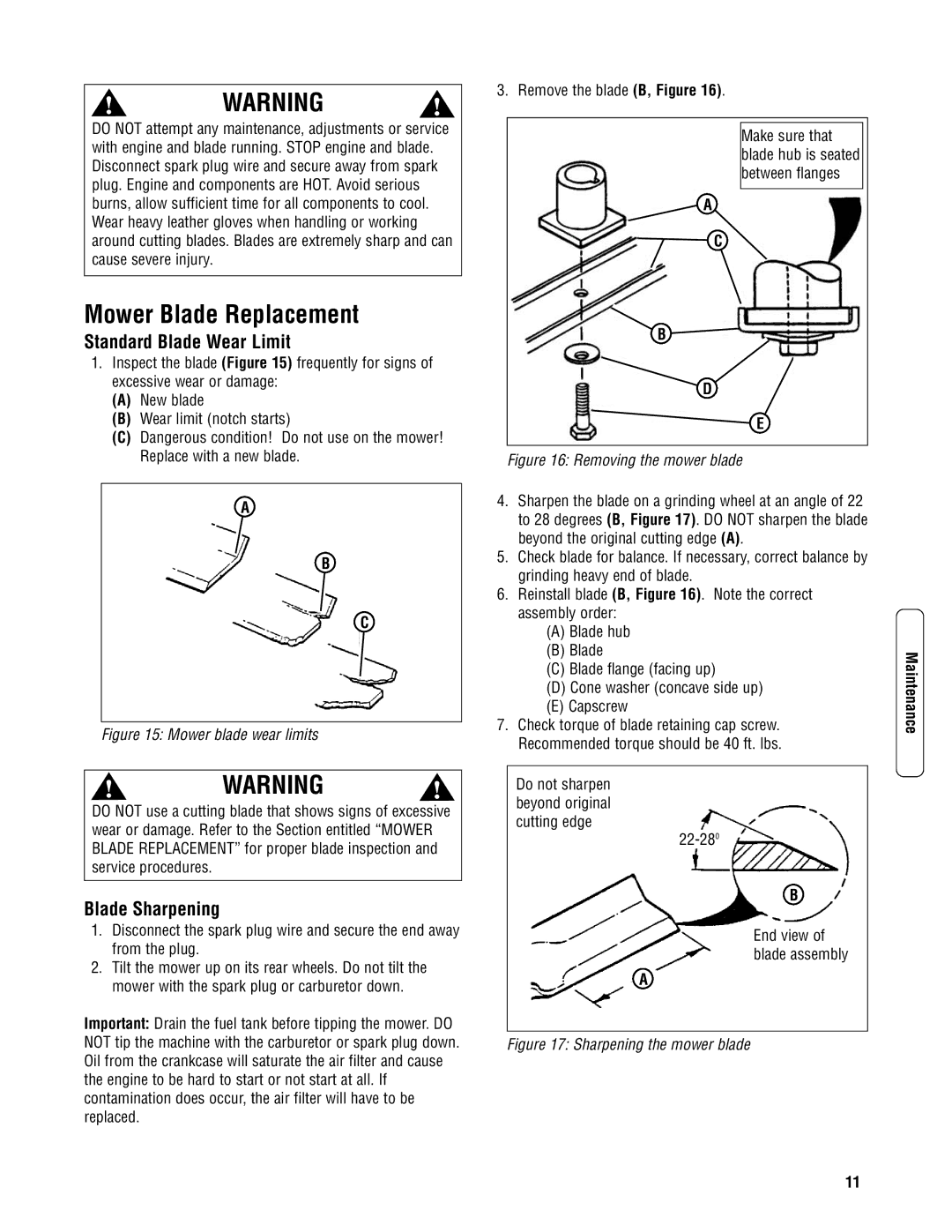 Briggs & Stratton NSPVH21675 specifications Mower Blade Replacement, Standard Blade Wear Limit, Blade Sharpening 