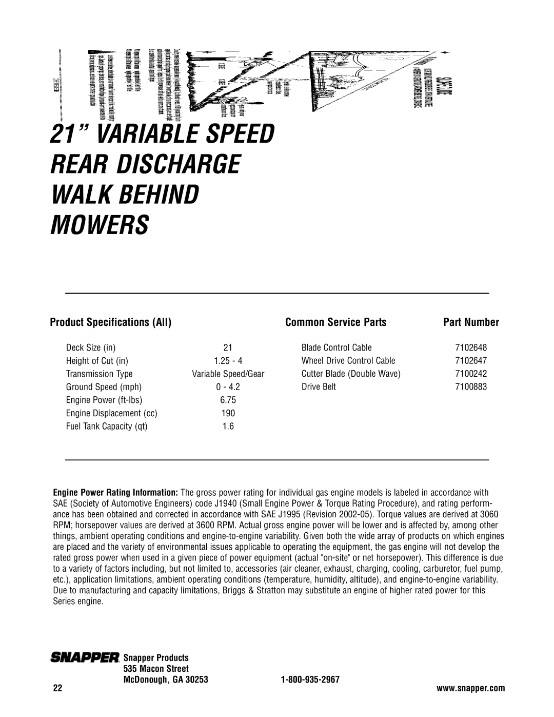 Briggs & Stratton NSPVH21675 specifications Product Specifications All Common Service Parts, Part Number 