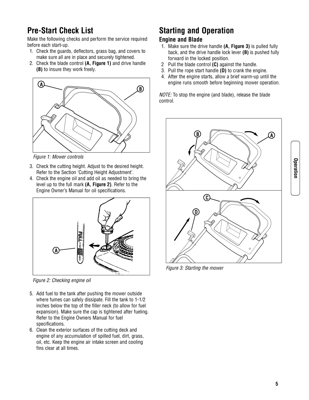 Briggs & Stratton NSPVH21675 specifications Pre-Start Check List, Starting and Operation, Engine and Blade 