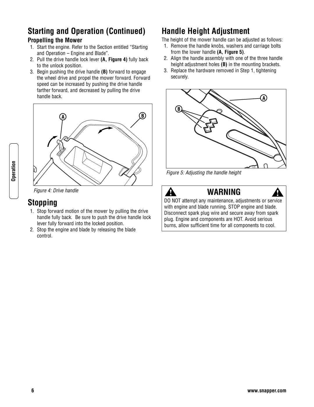 Briggs & Stratton NSPVH21675 specifications Handle Height Adjustment, Stopping, Propelling the Mower 