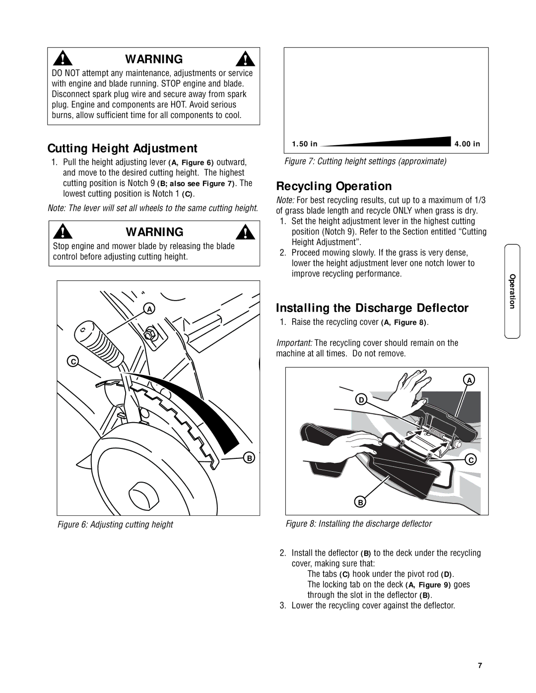 Briggs & Stratton NSPVH21675 Cutting Height Adjustment, Recycling Operation, Installing the Discharge Deflector 