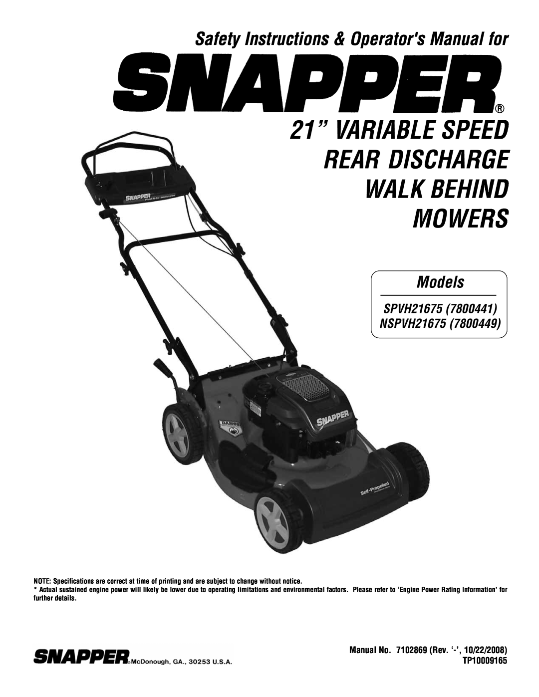Briggs & Stratton specifications Safety Instructions & Operators Manual for, Models, SPVH21675 NSPVH21675 