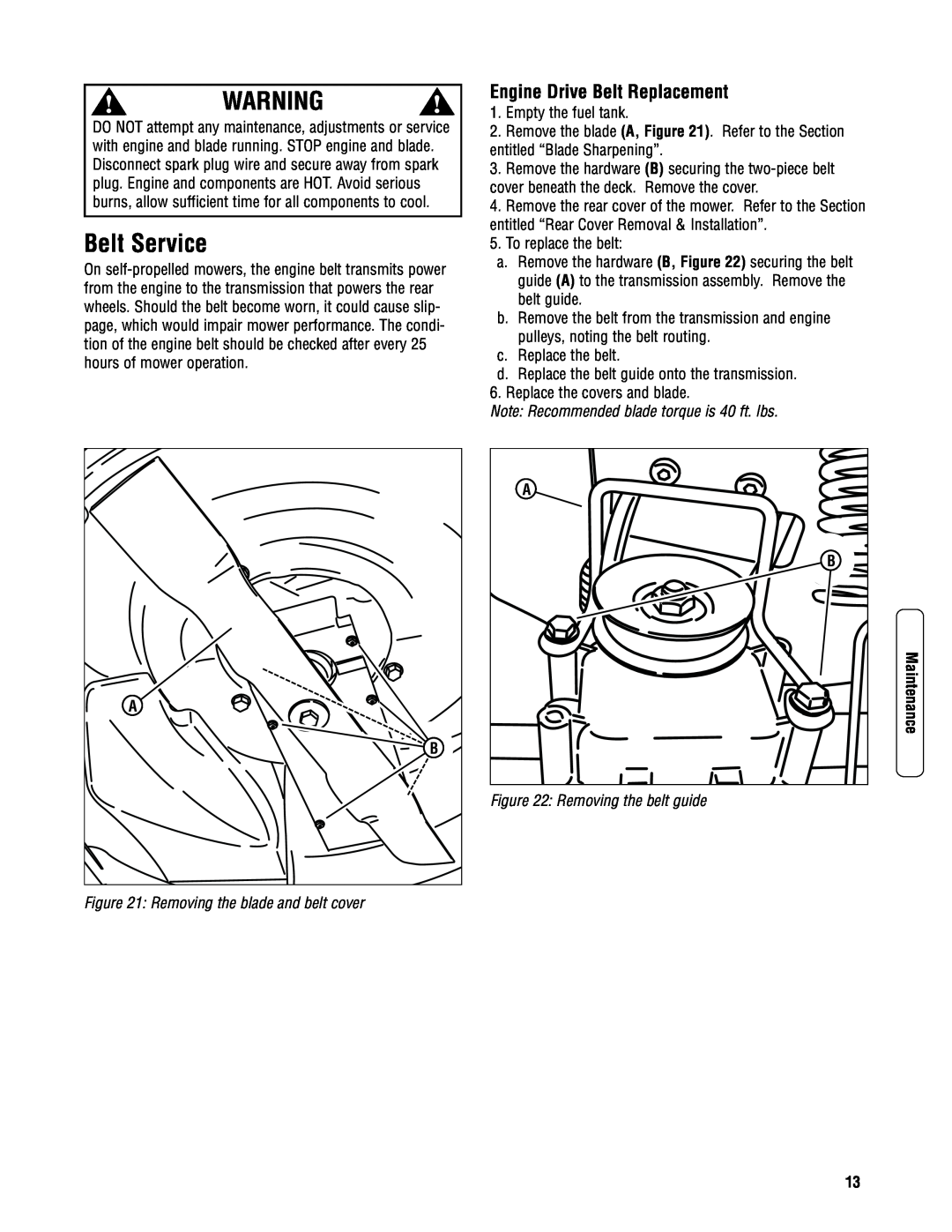 Briggs & Stratton SPVH21675 Belt Service, Note Recommended blade torque is 40 ft. lbs, Removing the blade and belt cover 