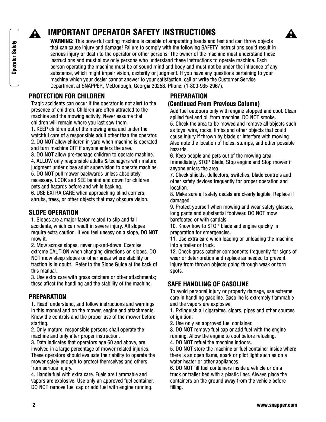 Briggs & Stratton NSPVH21675 Important Operator Safety Instructions, Protection For Children, Slope Operation, Preparation 