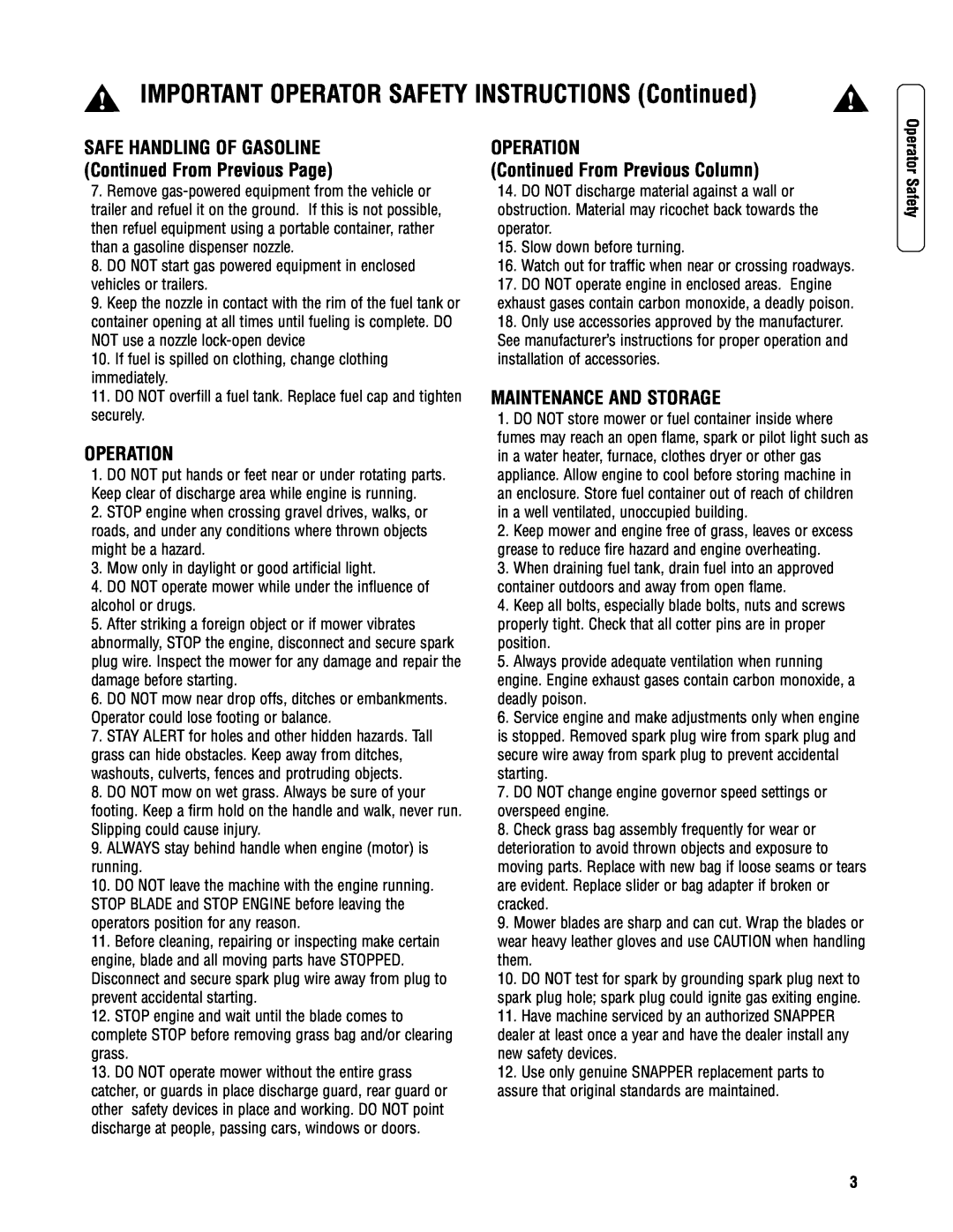 Briggs & Stratton SPVH21675 IMPORTANT OPERATOR SAFETY INSTRUCTIONS Continued, Operation, Maintenance And Storage 