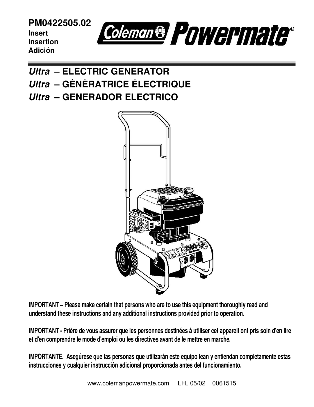 Briggs & Stratton PM0422505.02 manual Ultra – ELECTRIC GENERATOR, Ultra – GÈNÈRATRICE ÉLECTRIQUE, Insert Insertion Adición 