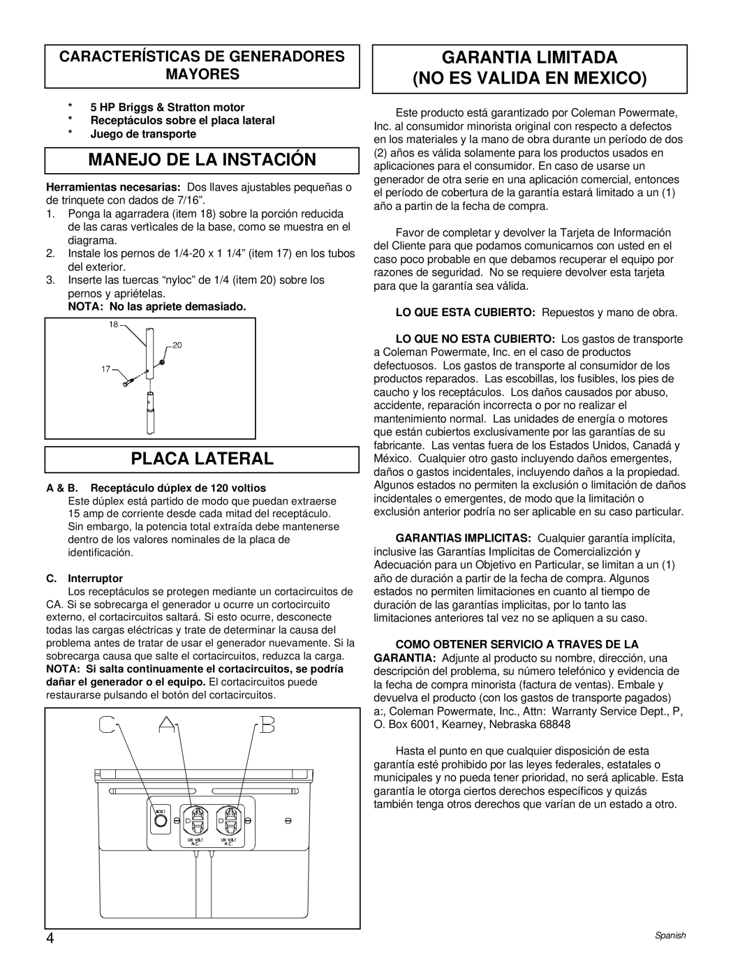Briggs & Stratton PM0422505.02 manual Manejo De La Instación, Placa Lateral, Garantia Limitada No Es Valida En Mexico 