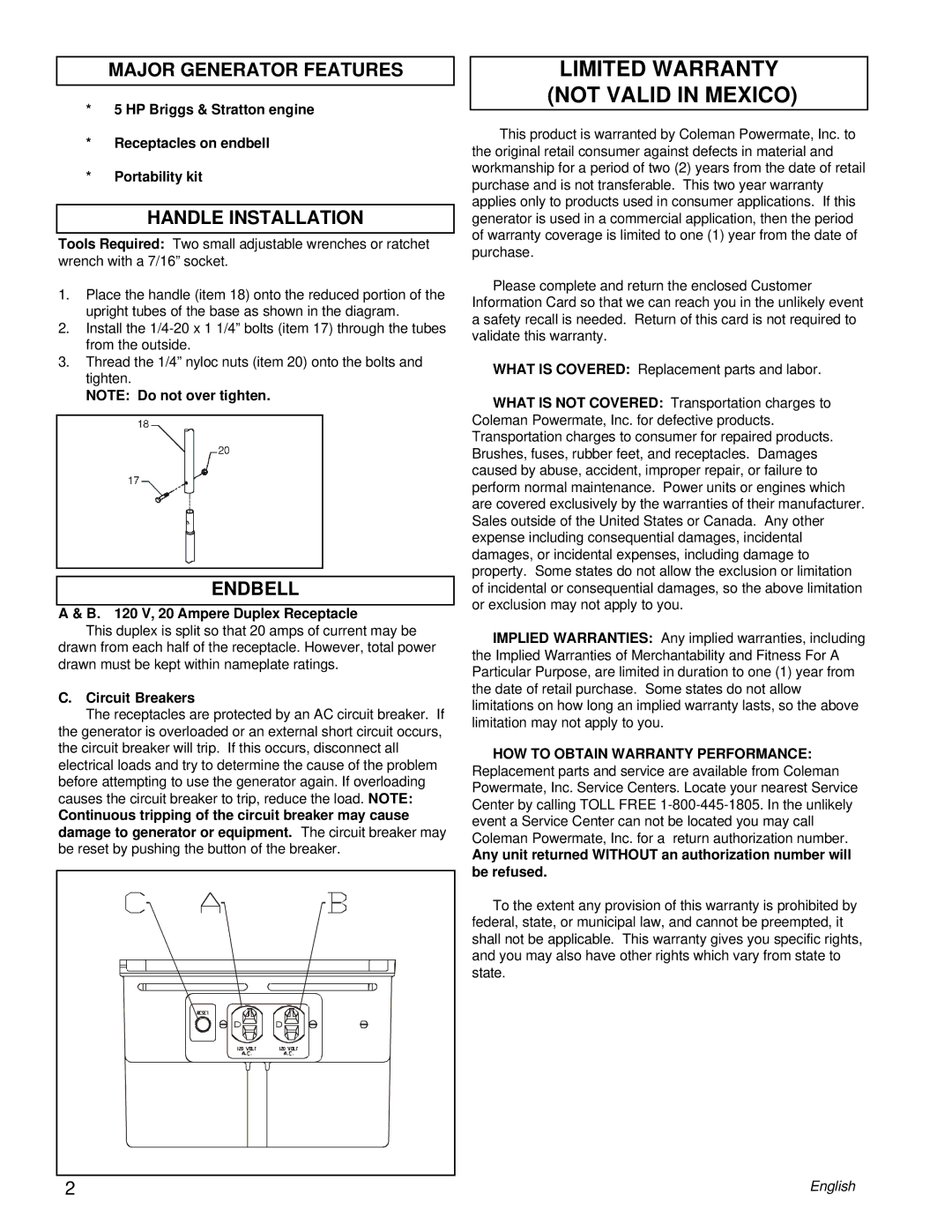 Briggs & Stratton PM0422505.02 manual Limited Warranty not Valid in Mexico, Major Generator Features, Handle Installation 