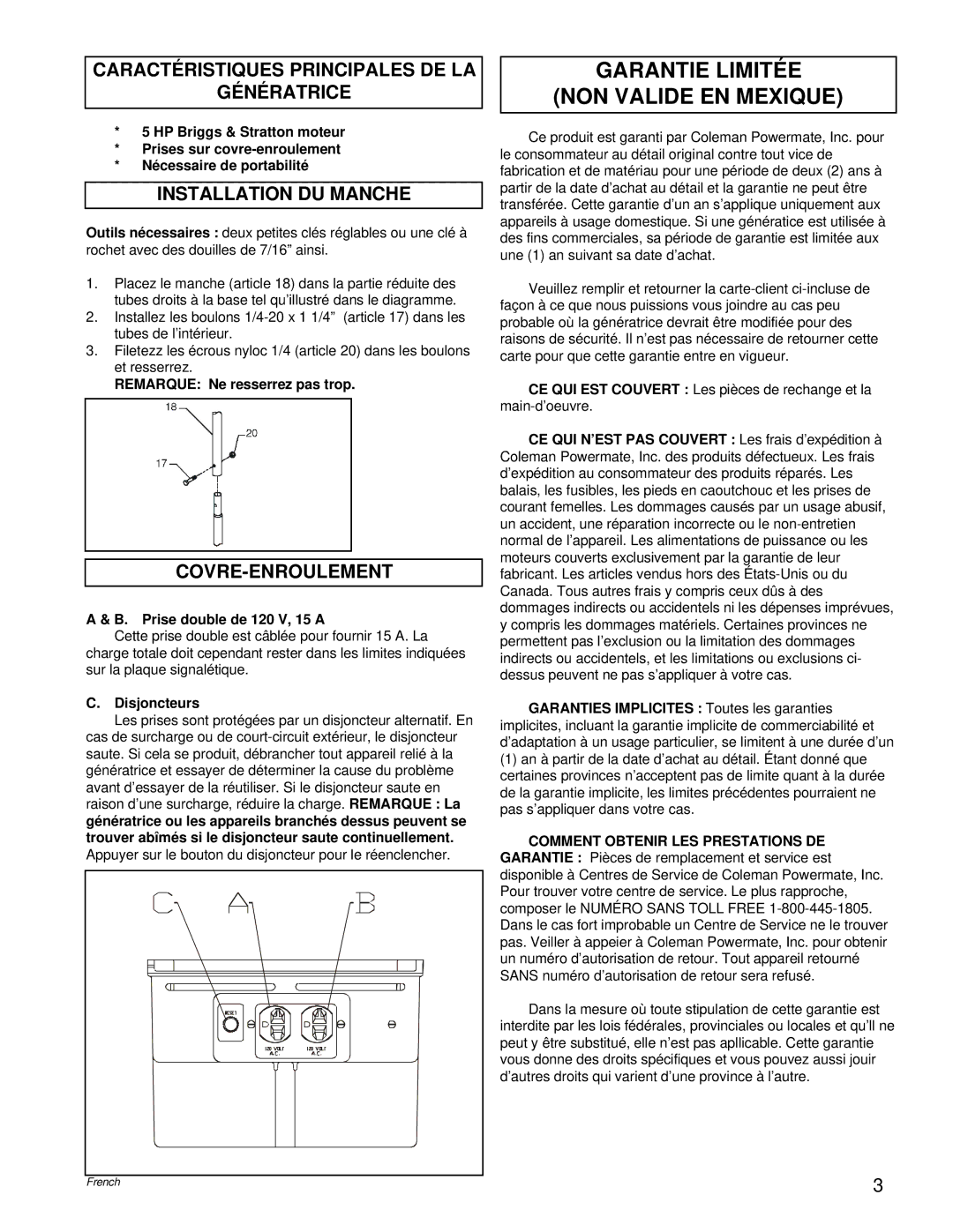 Briggs & Stratton PM0422505.02 Garantie Limitée NON Valide EN Mexique, Caractéristiques Principales DE LA Génératrice 