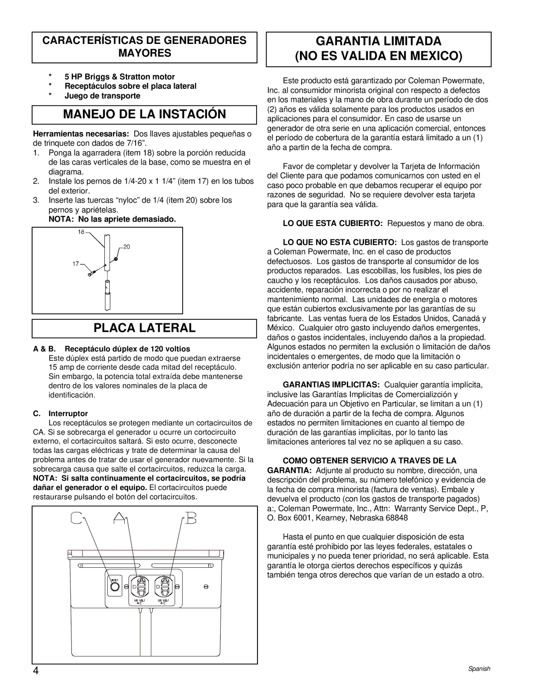 Briggs & Stratton PM0422505.02 manual Manejo DE LA Instación, Placa Lateral, Garantia Limitada No ES Valida EN Mexico 