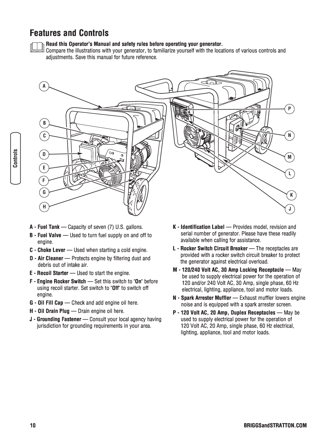 Briggs & Stratton Portable Generator manual Features and Controls, A - Fuel Tank - Capacity of seven 7 U.S. gallons 